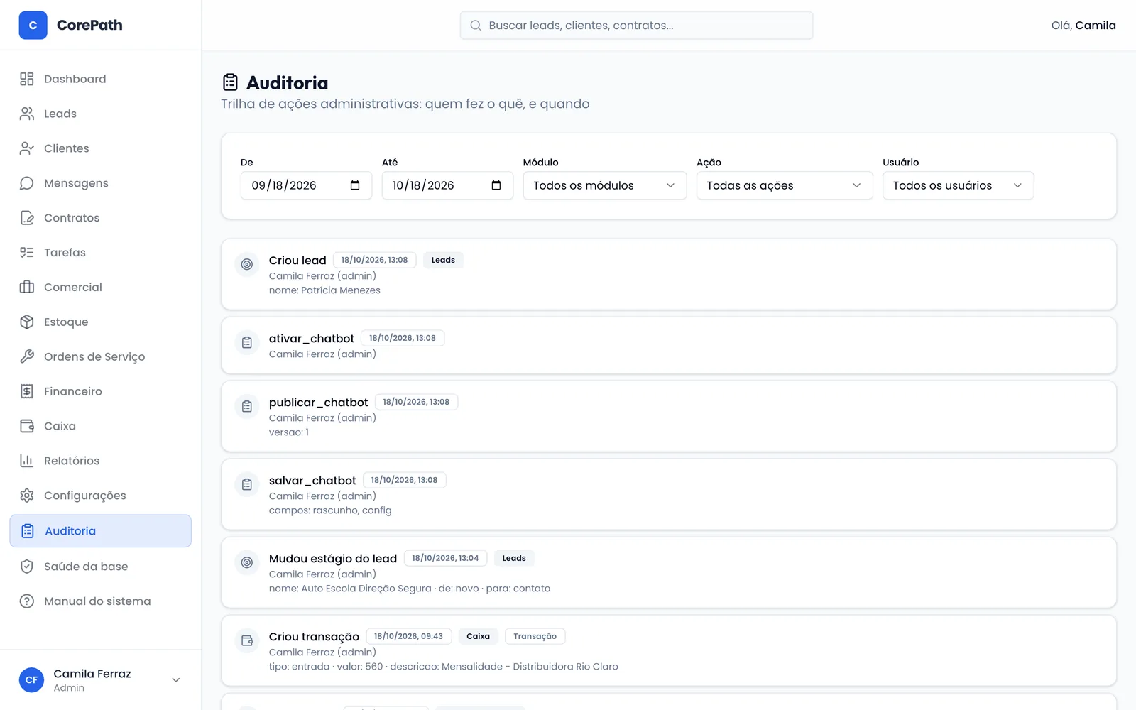 Log de auditoria do CorePath com usuário, ação, módulo afetado e data/hora