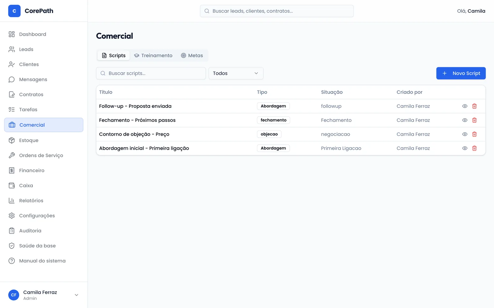 Scripts de venda do CorePath organizados por tipo e situação da negociação