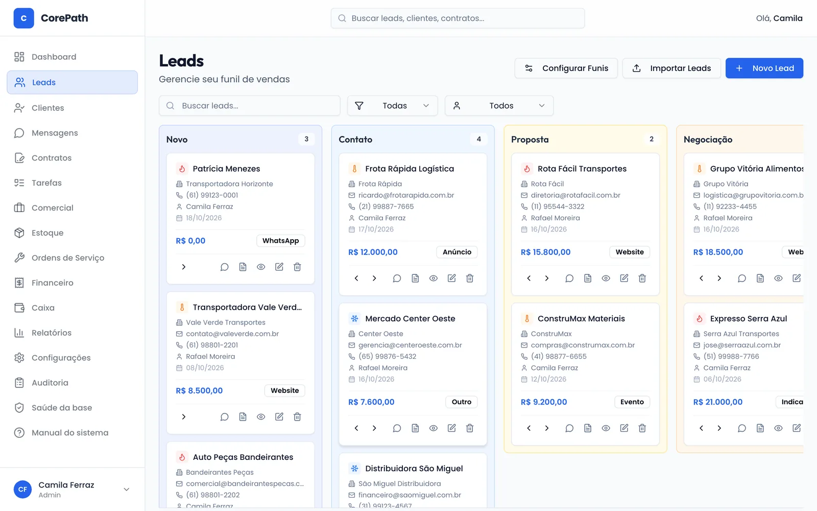 Funil de leads em kanban com colunas Proposta, Negociação, Fechamento e Convertido
