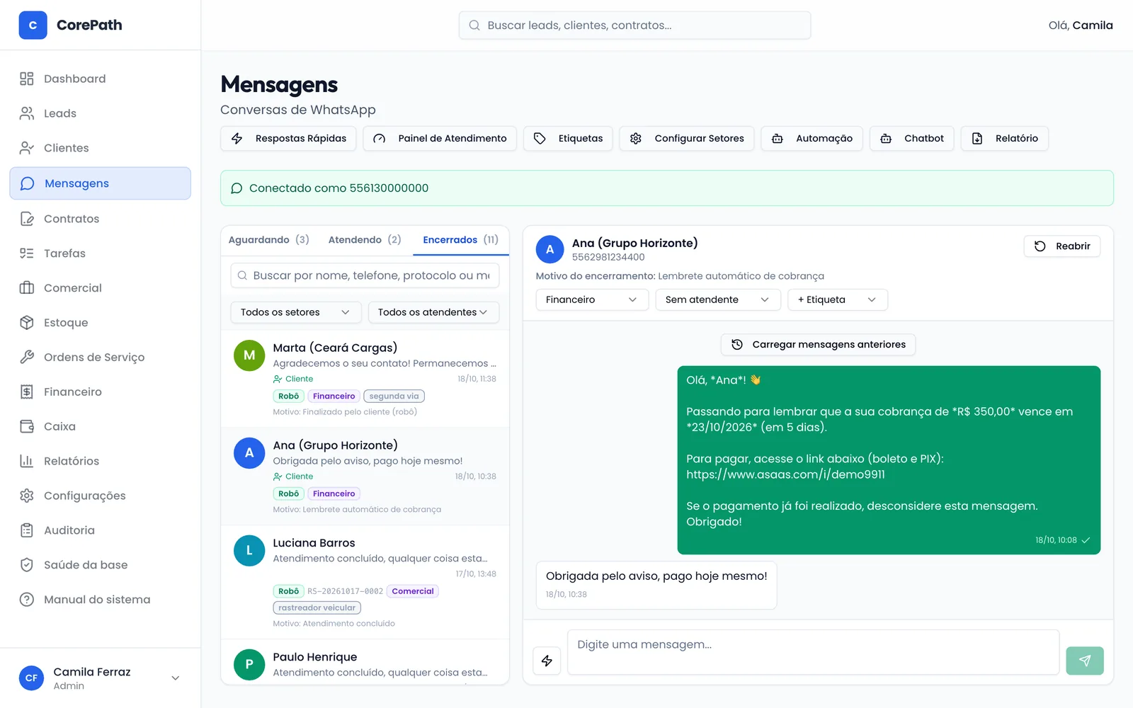 Conversa com lembrete de cobrança enviado pelo robô e resposta do cliente