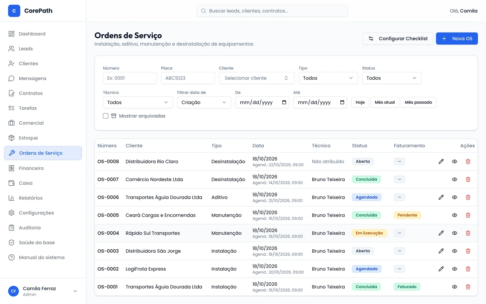 Lista de ordens de serviço do CorePath com número, tipo, cliente, técnico e status